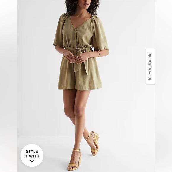 EXPRESS SAGE GREEN LINEN BLEND BUTTON UP TIE WAIST ROMPER SIZE XS - Picture 2 of 12